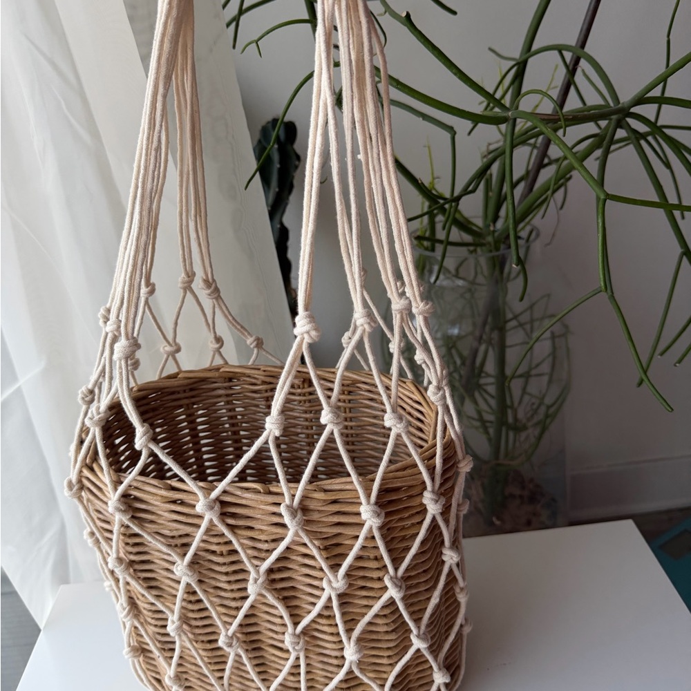 Elegant Brown Woven Basket Bag with Cream Netting